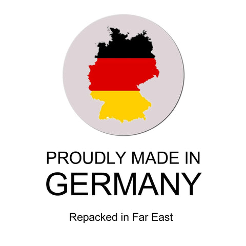 Round badge: map of Germany in black red gold with text Proudly Made in Germany, Repacked in Far East.
