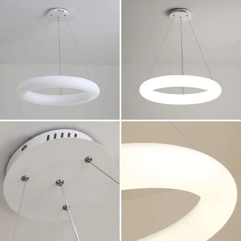 White Ring Acrylic LED Pendant Light for Bedroom, modern hanging lamp with 24W, stepless dimming, showing different angles
