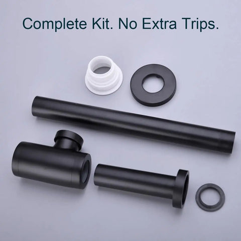 Matte Black Decorative Bottle P Trap With Adjustable Drain For Vessel Sinks And Pedestal Sinks kit displayed on gray surface