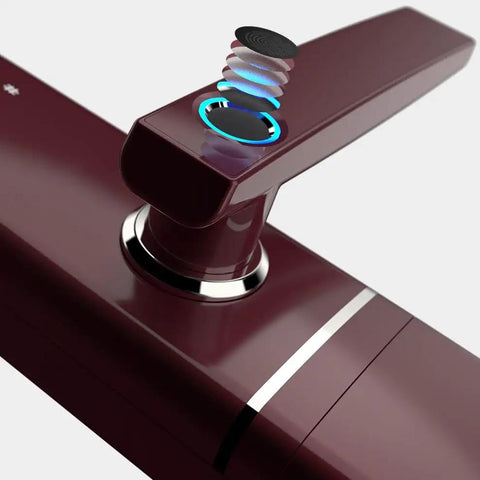 No Fuss Smart Door Lock With Silent Handle And Touch Screen Fingerprint Keyless Entry For Heavy Duty Home Security Auto Locking Deadbolt close-up with biometric sensor.