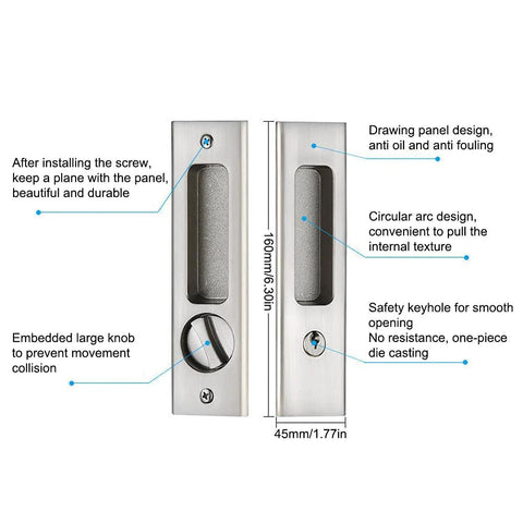 6.3 Inch Silver Invisible Recessed Handle Latch With Keys For Interior Pocket Door Lock And Sliding Barn Door Lock Zinc Alloy Electroplated Brushed Nickel Finish Anti Corrosion Dust And Oil Resistant Chamfered Edge Left Or Right US Standard Doors, diagram showing dimensions and features