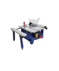 Smooth Operator Electric Table Saw With Extended Telescopic Work Surface And Vacuum Ready Dust Cup For No Sweat Rip Through Hardwood Plywood And Engineered Boards In Your Backyard Workshop, showing a blue table saw with extended side support.