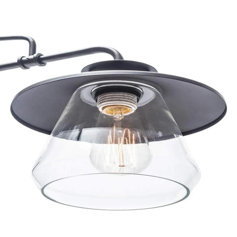 Close-up of Three Light Pendant in Oil Rubbed Bronze with Clear Glass Shades, Classic Vintage Industrial Vibe for Any Ceiling