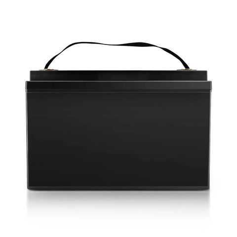 Built Tough 12V 100Ah Lithium Battery Case For LiFePO4 18650 26650 32700 Cells, black polymer design with handle.