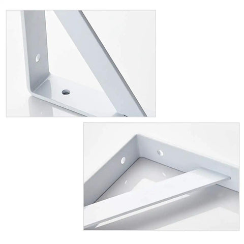 Close-up of White Heavy Duty L Shaped Shelf Bracket Rock Solid Wall Mount No Worries Install Rust Free Iron Corner Support.
