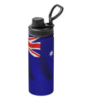 Flag Print Insulated Water Bottle For Outdoor Adventures And Gym, blue bottle with top lid, stainless steel, keeps hot coffee or ice cold for hours