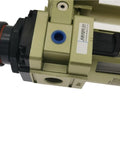 Close-up of Pro Grade Lubricator Air Filter FRL Unit Combo With Regulator And Quarter Inch Gauge Port for Pneumatic Systems.