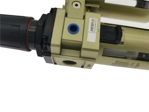 Close-up of Pro Grade Lubricator Air Filter FRL Unit Combo With Regulator And Quarter Inch Gauge Port for Pneumatic Systems.