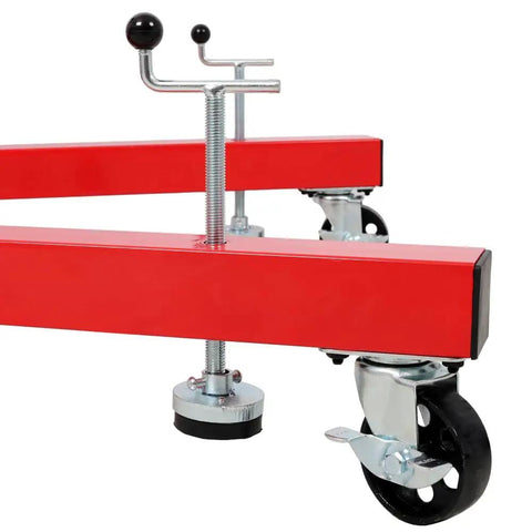 Close-up of Heavy Duty Folding Engine Stand With Geared 360 Degree Rotating Head And Adjustable Mounting Arms mobile caster wheels and clamp.