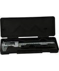 Digital Vernier Caliper 0-150mm Stainless Steel LCD(With battery) in black case, showcasing precise measurement features.