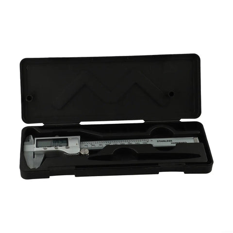 Digital Vernier Caliper 0-150mm Stainless Steel LCD(With battery) in black case, showcasing precise measurement features.