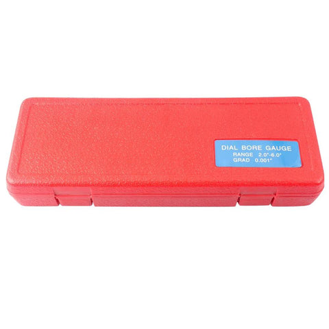 Red plastic carrying case for dial bore gauge set, range 2.0-6.0 inches