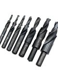 Amazon Step Drill Bit Set, HSS counterbore spiral bits for metal drilling and chamfering, M3–M8, angled front view