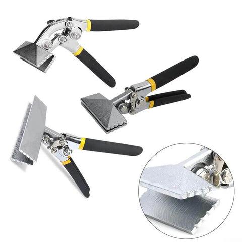 Workhorse Sheet Metal Bending Pliers With Straight Or Elbow Handle for precise crimping in chrome vanadium steel shown in multiple angles.