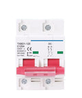 Front view of a 2P DC Circuit Breaker For Solar PV Systems 12-600V 80A-125A C Curve 10kA Fault Rating 35mm DIN Rail Mini MCB