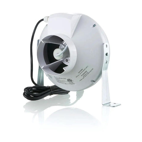 Centrifugal Inline Duct Fan VK 100 4 Inch Plastic Casing Up To 162 CFM side view with brackets and power cord