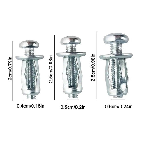 Heavy Duty Button Rivet Nut Locking Hardware Kit With M4 M5 M6 Threaded Fasteners showing three sizes with measurements.
