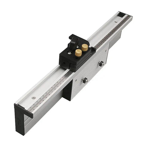 Heavy Duty Aluminum Miter Gauge Extension Fence With Slick Sliding Flip Stop Compatible With Table Saw Router Table T Track Slot Top Shelf Workshop Gear 800mm, top view showing measurement scale and flip stop.