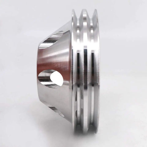 Heavy Duty Aluminum Double Groove Water Pump Pulley For Small Block Chevy 265 283 305 327 350 383 400 With Short Pump side view showing polished finish.