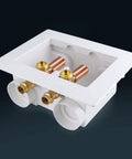 Durable Washer Outlet Box With Brass Water Hammer Arrestor, Half Inch Press Connection, Dual Drain, Includes Two Quarter Turn Brass Valves