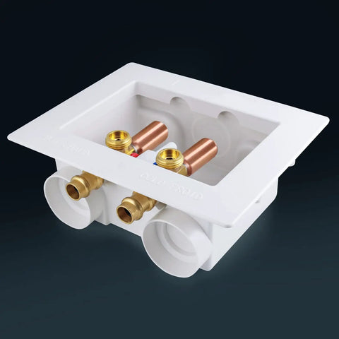 Durable Washer Outlet Box With Brass Water Hammer Arrestor, Half Inch Press Connection, Dual Drain, Includes Two Quarter Turn Brass Valves