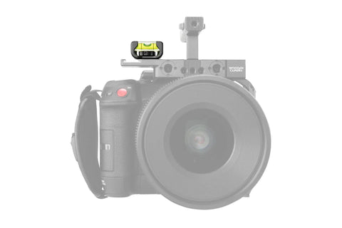 Low Profile Camera Bubble Level For Cages Rigs And Tripods With Anti Twist Pin And One Quarter Twenty Or Three Eighths Sixteen Mount on camera
