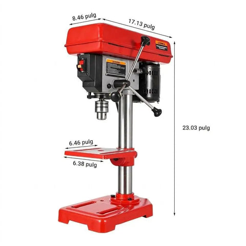 8 Inch Benchtop Drill Press With Laser Guide And Led Light 5 Speed Settings 620 To 3100 Rpm Variable Control side view with dimensions.
