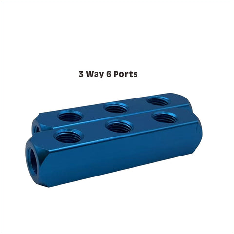 2 Pack One Quarter Inch 3 Way 6 Port Hose Inline Manifold Block Splitter For Pneumatic Air Systems, Blue Aluminum