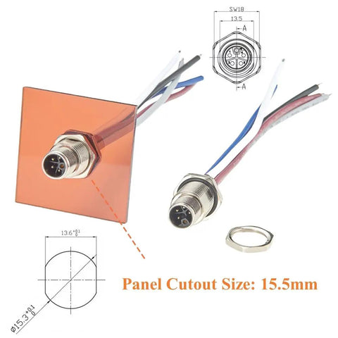 M12 L Code 5 Pin Panel Mount Receptacle Cable IP67 Waterproof with preassembled wires, orange panel, and 15.5mm cutout