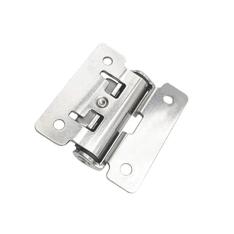 Close-up of a silver torque-damping concealed 90° cabinet hinge, soft-close, 2-piece set