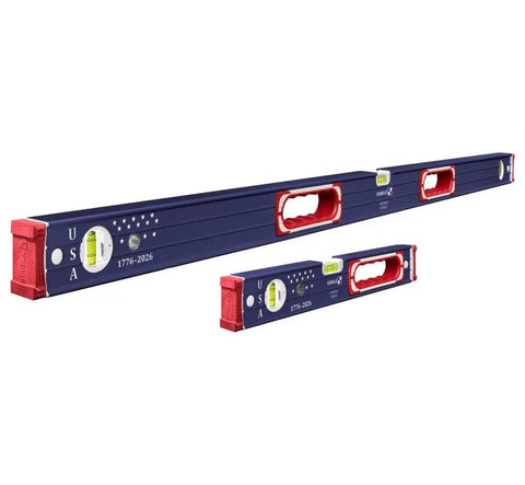 Pro Grade 48 And 16 Inch Precision Level Set With Shock Absorbing End Caps Patriotic Red White Blue Design And Bullseye Vials Built Tough For Serious Framing And Weekend Repairs