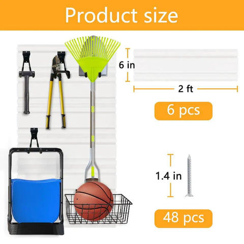 Slatwall Panel 6 By 24 Inch PVC Wall Mounted Slat Wall Rack For Garage Organization Pro Grade White Waterproof Fire Resistant Panel System Ideal For Home Garage Workshop Storage And Retail Display layout with tools and basket attached