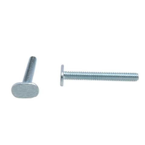 Two One Quarter Inch By Twenty Threads T Slot Bolts for DIY T Track Hardware and Woodworking Fixtures, side and top view, galvanized steel.