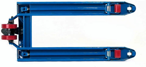 Top view of blue Global Industrial high-capacity pallet jack with 27 in x 48 in forks, 6600 lb capacity.