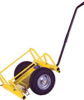 Side view of Cricket yellow two-wheel tire dolly with a long black handle for moving heavy loads