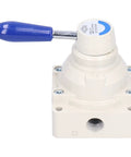 Industrial Pneumatic Rotary Lever Air Hand Valve With Compact 3 Position 4 Way Flow Control, top view with blue lever