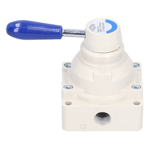 Industrial Pneumatic Rotary Lever Air Hand Valve With Compact 3 Position 4 Way Flow Control, top view with blue lever