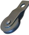 Close-up of Heavy Duty 1-1/2 Inch Split Bracket Steel Wire Rope Cable Pulley, electrogalvanized finish for 3/16 inch 7x19 cable