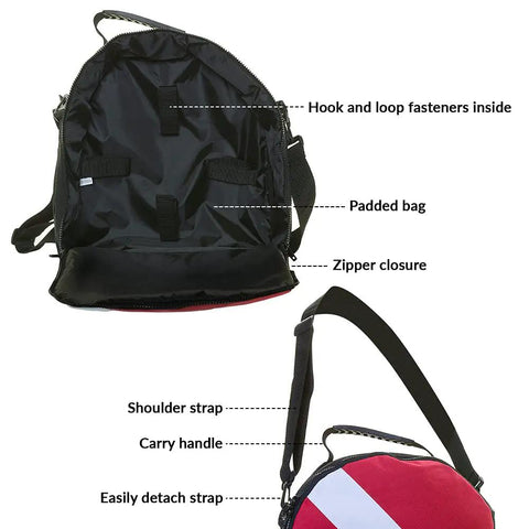 Durable Scuba Regulator Bag With Padded Compartment For Dive Gear And Snorkeling Equipment Travel Ready With Top Carry Handle Zipper Closure Keeps Your Regulator Safe During Transport And Storage showing interior features, hook and loop fasteners, padded compartment, and detachable strap.