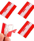 Clear Acrylic Self Adhesive Hinge Set, 4 Pack, transparent folding hinges with red backing, suitable for cabinets and crafts.