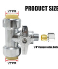 Heavy Duty Solid Brass Tee Valve With Push Quick Connect Shut Off Design Plug And Play No Sweat Setup 1/4 Turn Handle Easy Install Without Tools Fits Pex Cpvc Copper Pipe Built Tough Chrome Finish 200 Psi close-up view showing 1/2 PTC and 1/4 compression outlet.