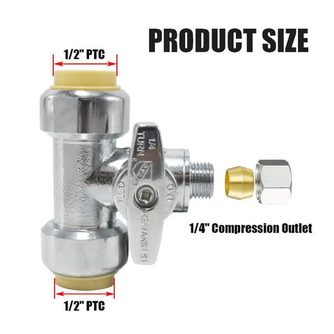 Heavy Duty Solid Brass Tee Valve With Push Quick Connect Shut Off Design Plug And Play No Sweat Setup 1/4 Turn Handle Easy Install Without Tools Fits Pex Cpvc Copper Pipe Built Tough Chrome Finish 200 Psi close-up view showing 1/2 PTC and 1/4 compression outlet.