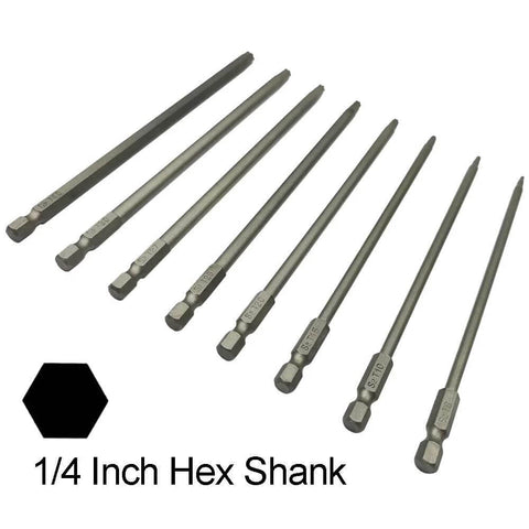 Long Torx security screwdriver bit set — top view, 8 pcs, 150 mm length, 1/4 in hex shank, S2 steel
