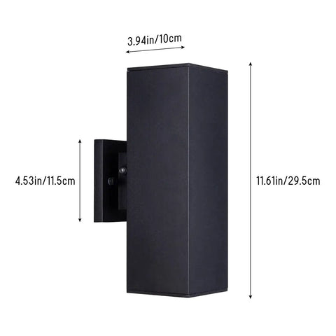 Outdoor Porch Light 2 Pack Dusk to Dawn Photocell Sensor Wall Sconces Waterproof Matte Black Aluminum Rectangular Tubes with Tempered Glass Cover ETL Listed Exterior Lighting for Homes showing dimensions.