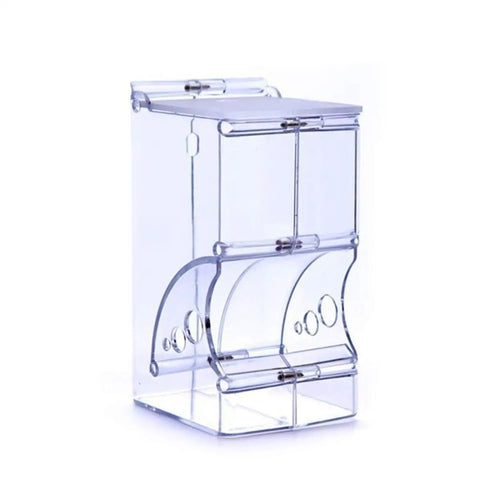Clear Acrylic Automatic Pet Food Dispenser 300ml For Small Animals And Birds wide open top view with solid transparent design.