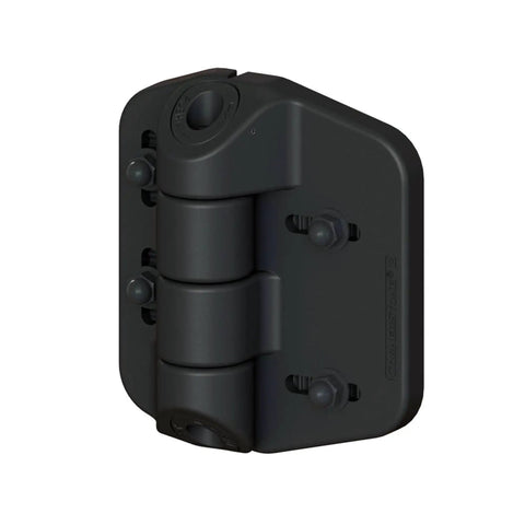 Rock Solid Two Pack Adjustable Self Closing Hinges For Square Posts Built Tough Nylon Polymer Gate Hardware close-up view.