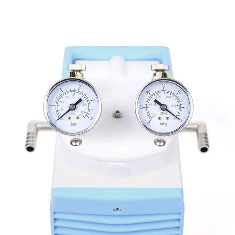 Oil Free Diaphragm Vacuum Pump 30 Liters Per Minute Oilless, Adjustable Pressure, Portable Lab Vacuum Workhorse showing gauges