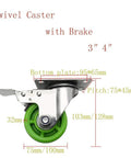 4 Inch Green Swivel Caster Wheels With Brake, Hardcore Industrial Trolley Casters, stainless steel top plate with measurements