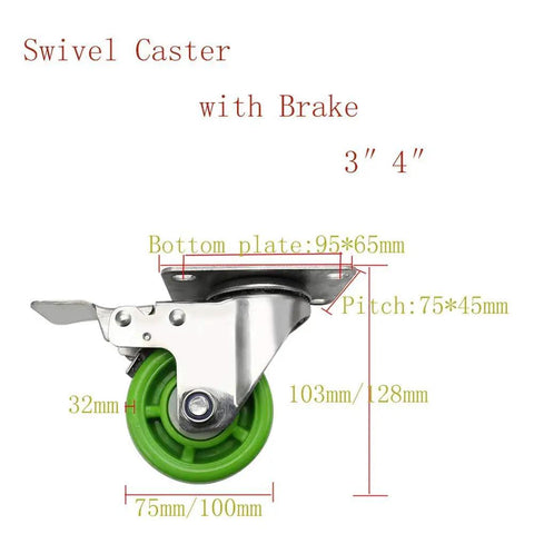 4 Inch Green Swivel Caster Wheels With Brake, Hardcore Industrial Trolley Casters, stainless steel top plate with measurements