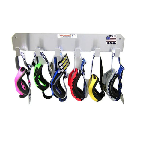 Heavy Duty Six Pair Goggle Wall Rack Solid Aluminum Eye Protection Organizer Locked Down For Garage And Race Trailer Storage Spaces With Pre Drilled Hardware Included Quick Mount showcasing goggles in six slots.